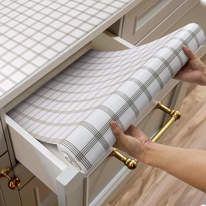 Shelf and Drawer Liner for Kitchen Cabinets Non-Adhesive, Strong Grip Non-Slip Thickened Cabinet Liners for Shelves, Waterproof Mats for Dresser Cupboard, White Square, 12 in x 30 Feet