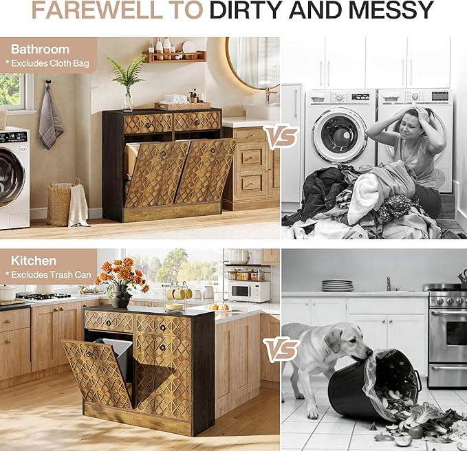 Tribesigns Double Tilt Out Trash Can Cabinet, 20 Gallon Wooden Free Standing Laundry Sorter Cabinet with 2 Drawers, Wooden Hidden Garbage Cabine with Geometric Relief Design for Kitchen, Bathroom