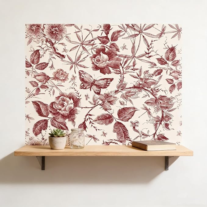 Drawers Liner Contact Paper for Dresser Peel and Stick Wallpaper Sketched Design 15.7x196.8in Self Adhesive Removable Red Maroon Rose Floral Butterfly Vintage Cabinet Shelf Renter Friendly