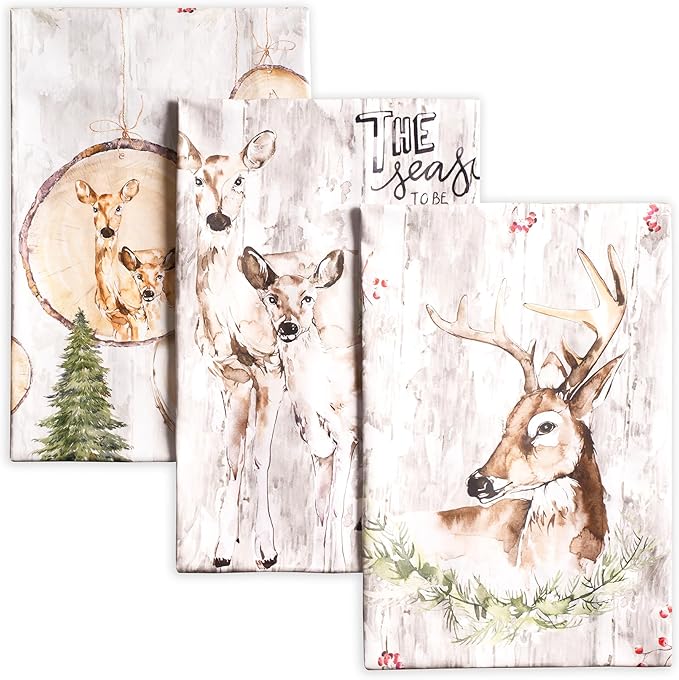 Maison d' Hermine Kitchen Towels Set of 3 100% Cotton 20" x 27.5" Reusable Cloth Tea Dish Towels Absorbent with Hanging Loop for Kitchen Dining Thanksgiving Christmas Decorations (Mountain Life)