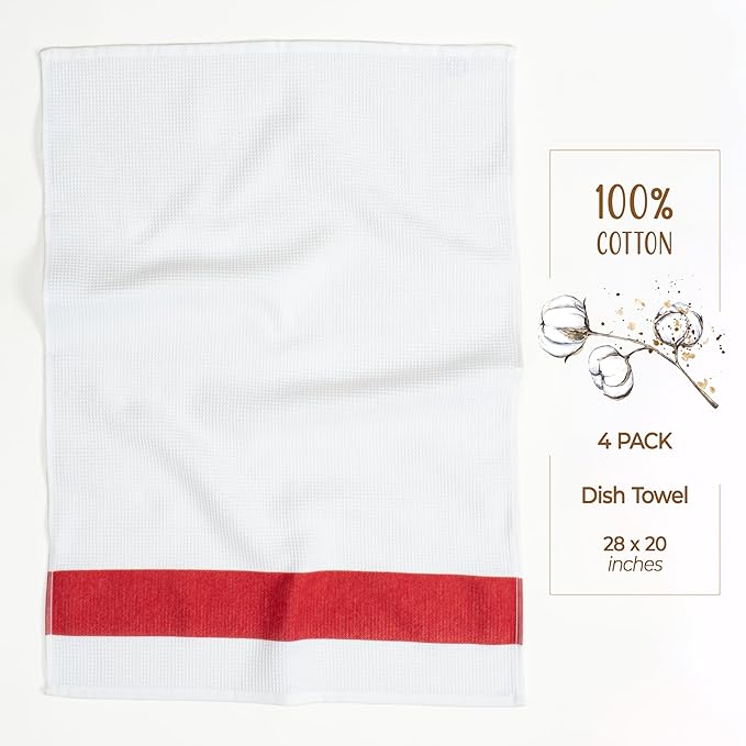 American Soft Linen Dish Towels, 100% Cotton Dish Cloths for Kitchen, 4 Packed Soft Absorbent Quick Dry Kitchen Towels, Red