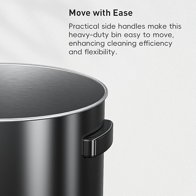 EKO 16-Gallon Round Black Stainless Steel Open Top Trash Can, Large Commercial Waste Bin with Detachable Lid and Carrying Handle, Brushed Metal Garbage Bin for Home, Office, Restaurant, Restroom