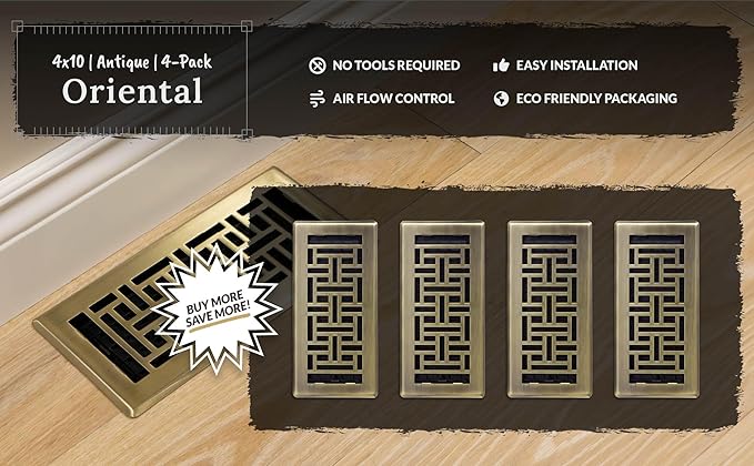 Decor Grates (4-Pack) AJH410-A Oriental Floor Register, 4x10 Inches, Antique Brass Finish