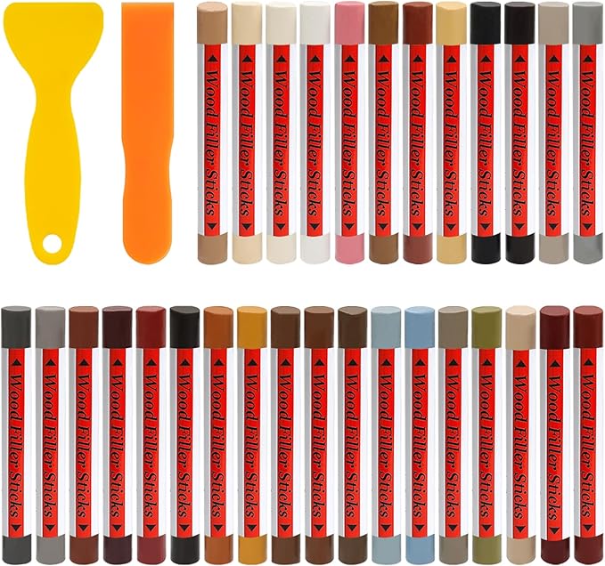 30+2p Wood Filler Sticks - 30 Colors Wood Markers Furniture Repair Wax Crayons with 2 Scrapers, Furniture Touch Up Markers Kit for Repairing Cabinets, Floors &Furniture, Color Series