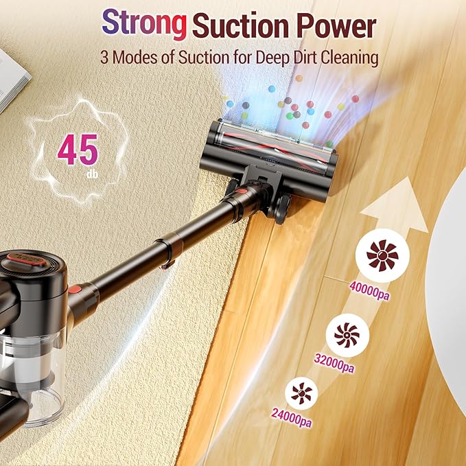 Cordless Vacuum Cleaner, 450W/40Kpa Stick Vacuum with Powerful Suction, 50Min Vacuum Cleaner for Home, Anti-tangle and 1L Dust Cup, 8 in 1 Lightweight Vacuum for Hardwood Floor Carpet Pet Hair