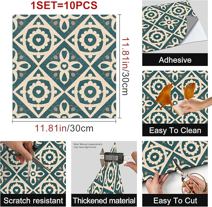 10PCS 12x12 Inch Vintage Heart Floral Pattern PVC Floor Tiles Peel and Stick Removable Self Adhesive Vinyl Flooring Stickers for Bathroom Kitchen Bedroom Home Decor