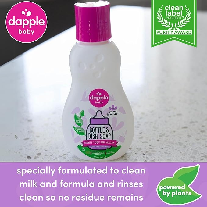 Dapple Baby Bottle Soap, Hypoallergenic Dish Soap for Baby Bottles, Powered by Plants, Travel Size, Lavender, 3 Fl Oz (Pack of 1)