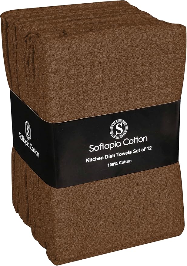 Brown Kitchen Towels – Waffle Weave, 100% Cotton, Soft & Absorbent, Fast Dry, Durable, 16x26 Inches, Perfect for Dish Drying, Bar, Cleaning, Hand Wipe and Everyday Use, Set of 12