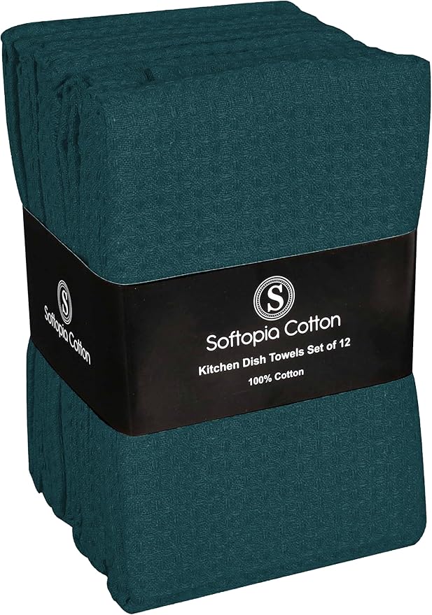 Teal Green Kitchen Towels – Waffle Weave, 100% Cotton, Soft & Absorbent, Fast Dry, Durable, 16x26 Inches, Perfect for Dish Drying, Bar, Cleaning, and Everyday Use, Set of 12, Teal