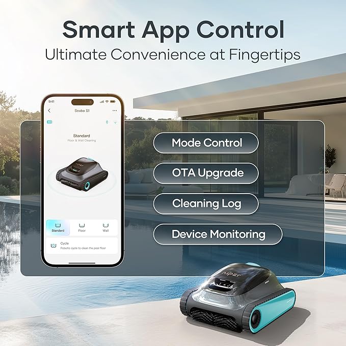 (2025 Upgrade) Aiper Scuba S1 Robotic Pool Cleaner, Wall & Waterline Cleaning, Double Filtration, Extended 180-Min Battery Life, Smart Navigation, App Support, OTA Upgrade (Renewed)