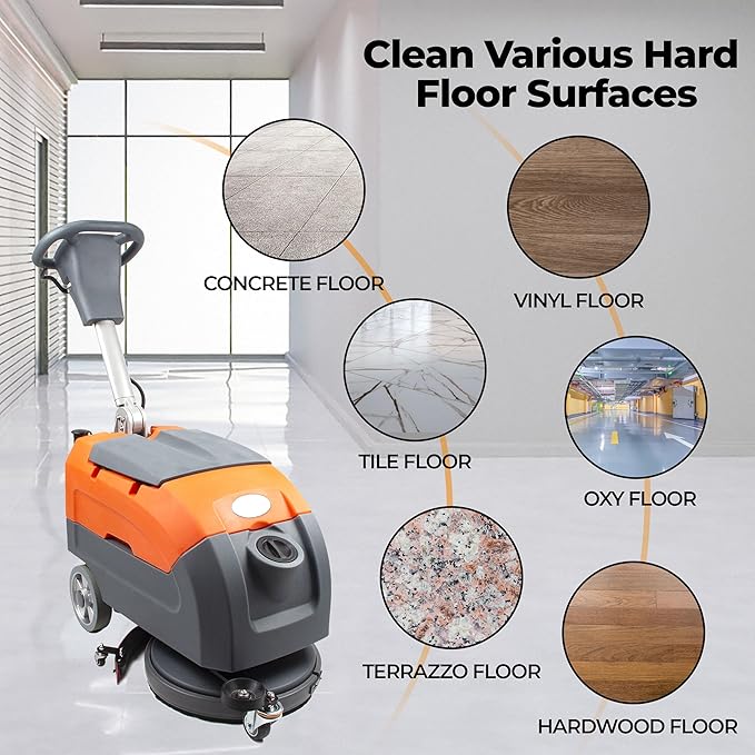SUNMAX RT35 Walk-Behind Floor Scrubber Polisher Machine, 17" Rotary Disc Brush and Red Sourcing Pad, 22" Squeegee Width, 9.2-gal Tank, 19000 sqft/h, Anti-Collision Wheel