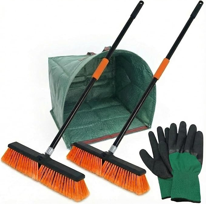 HELOMOR Outdoor Broom Set, 2 Pack Push Broom Outdoor with 62” Long Handles, Heavy Duty Brooms for Driveway, Deck, Garage & Patio, Includes Dustpan Bin and Work Gloves