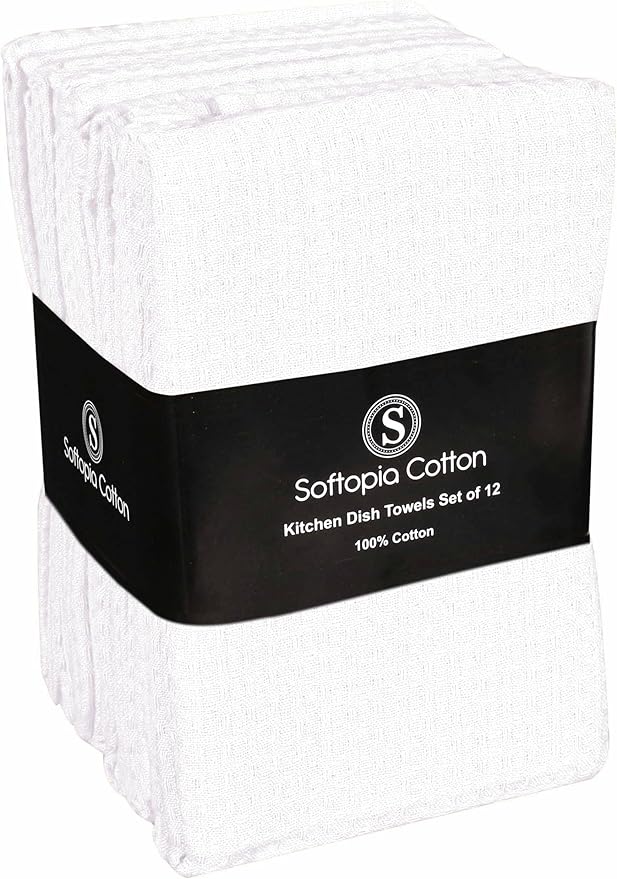 White Waffle Kitchen Dish Towels 100% Cotton, Soft, Absorbent, Quick Drying, Multipurpose Use, Bar & Hand Towels, 16x26 Inches, Durable, Machine Washable, Reusable, Set of 12