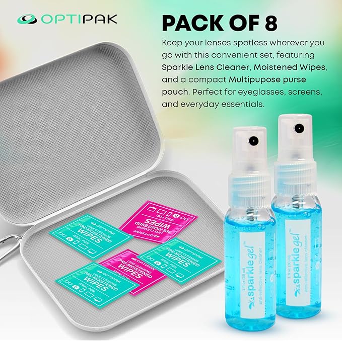 Sparkle Gel Anti-Reflective Safe Lens Cleaner Spray Kit - (2) 1oz Glasses Cleaner Spray, (5) Pre-Moistened Lens Wipes, (1) Travel Pouch for Eyeglasses, Lenses & Camera Cleaning Kit (8 Piece Set)