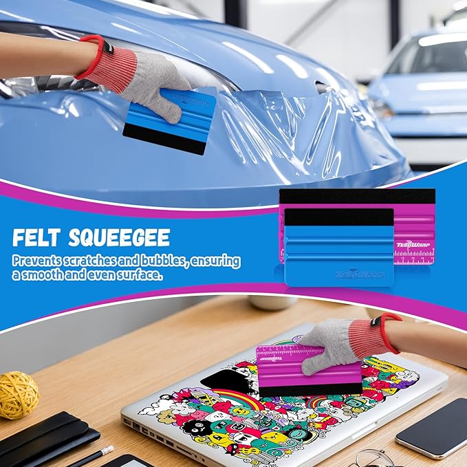 TECKWRAP Professional Squeegee for Vinyl, 20 PCS Plastic Felt Squeegee Tool Decals Inkjet Vinyl Sticker Paper, and Wallpaper Application Tools, 6 Inch Pitaya×10 & 4 Inch Blue×10