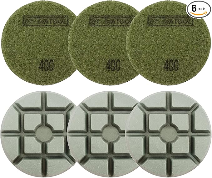 DT-DIATOOL 3 Inch Diamond Polishing Pads, 6pcs #400 Wet Polishing Hook and Loop Pads for Concrete Countertop