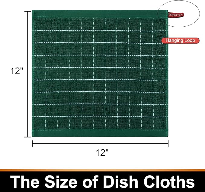Mordimy 100% Cotton Terry Cloth Dish Cloths, Soft and Absorbent Checkered Dish Towels, Quick Drying Dish Rags for Washing Dishes, 8 Pack, 12 x 12 Inches, Dark Green