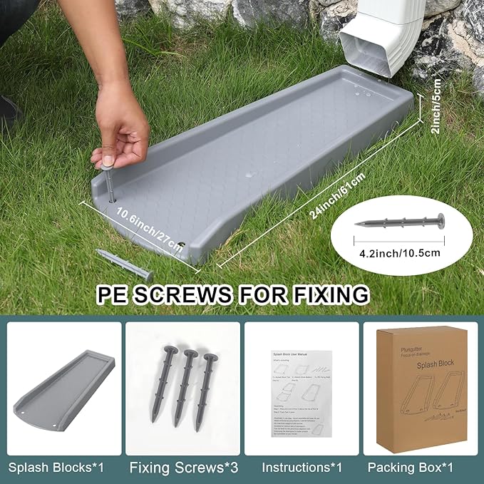 Rain Gutter Downspout Splash Block, Gutter Downspout Extensions for Water Drainage, 24" Gutter Splash Guards Downspout Extender, Fixable Down spout Drain Trays with PE Nails(1 Pack, Gray)
