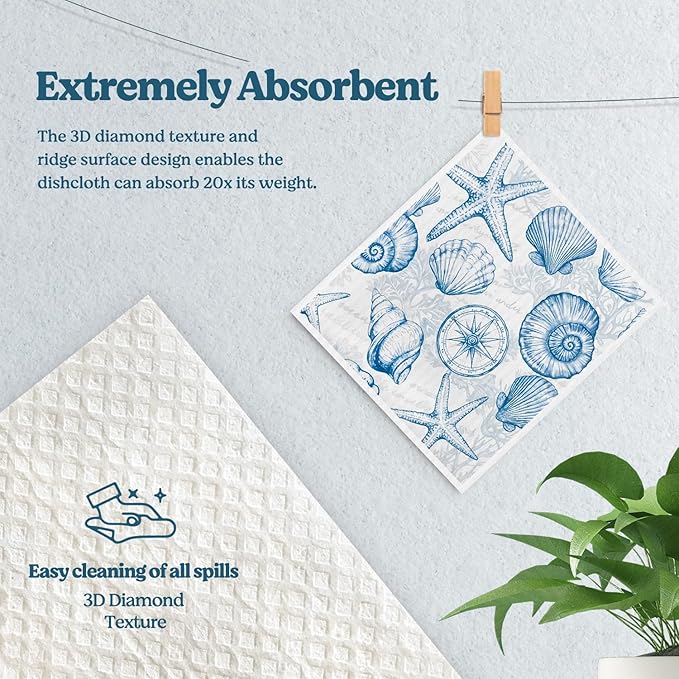 Swedish Dishcloths for Kitchen, Summer Coastal Turtle Beach Decor Kitchen Dish Towels for Washing Dishes, 4 Pack Reusable Paper Towels, Sponge Cloths for Home Cleaning Baking Cooking