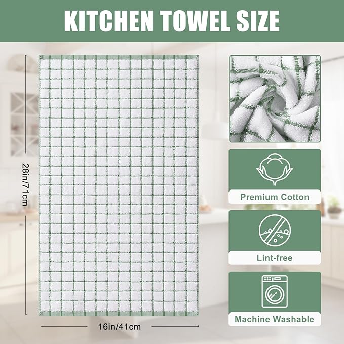 Homaxy Premium Kitchen Towels(16”x 28”, 6 Pack), Large Ring Spun Cotton Dish Towels, Super Absorbent Soft Terry Kitchen Hand Towels, Check Design Tea Towel Set with Hanging Loop, Grass Green