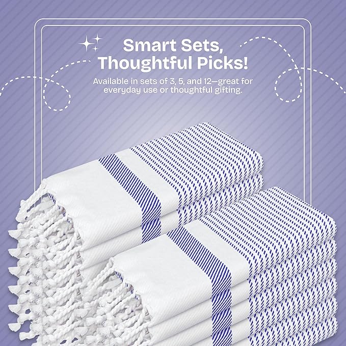 Indigo Blue Turkish Kitchen Towels 16x26 Inch, 12 Pack, 100% Cotton, Soft, Absorbent, Fast Dry, Machine Washable, Dish Towel with Tassels for Drying Dishes, Cleaning, Everyday Use