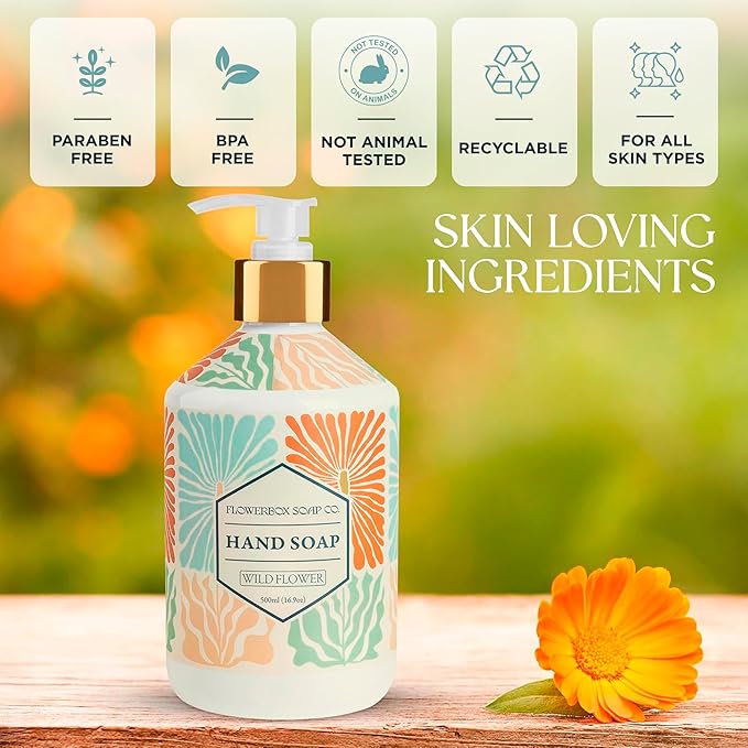 FlowerBox Liquid Hand Soap with Pump – Set of 4 Scented, Decorative Hand Soap Dispensers for Bathroom and Kitchen – 500 mL Luxury Floral Mosaic Bottles, Gift Pack