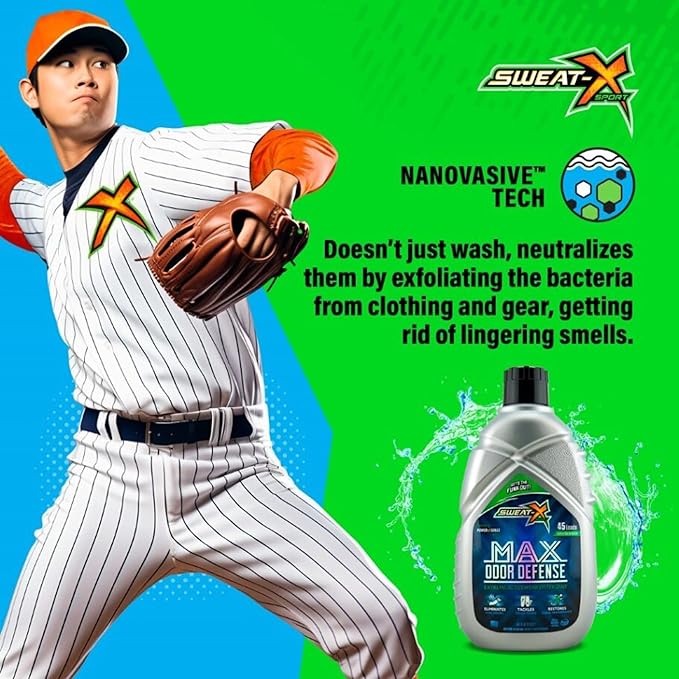 SWEAT X Max Odor Defense Laundry Detergent Liquid - Natural Washing Detergent for Activewear & Gym Clothes - Laundry Detergent for Sensitive Skin - Concentrated Detergent, 45 Loads (1 Bottle)