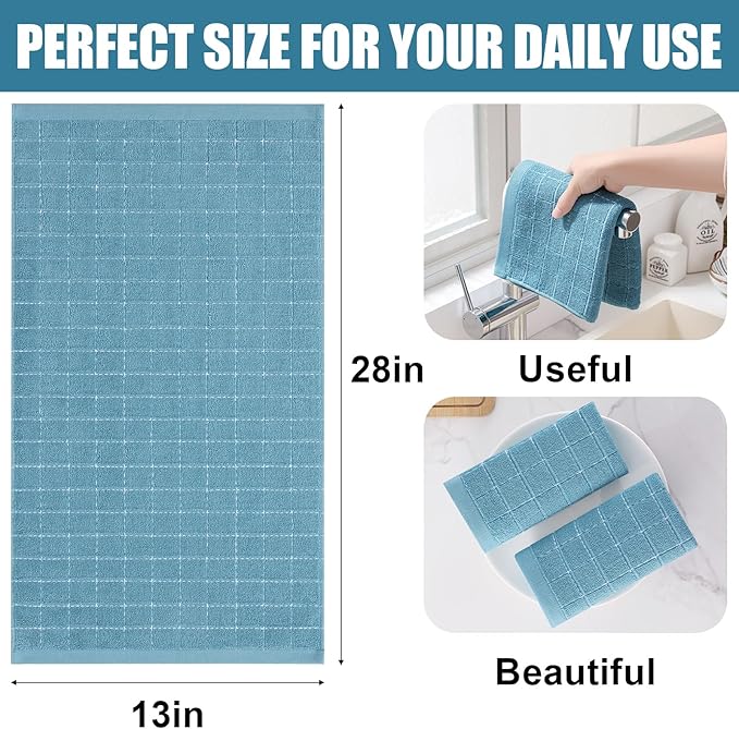 Homaxy 100% Cotton Terry Kitchen Towels(Lake Blue, 13 x 28 inches), Checkered Designed, Soft and Super Absorbent Dish Towels, 4 Pack