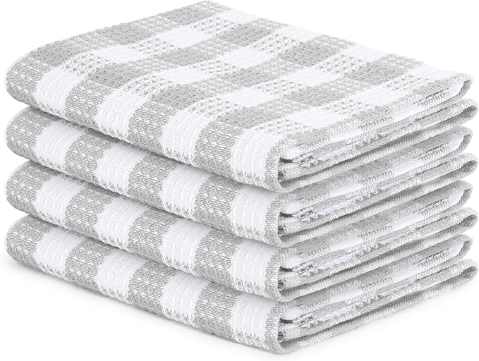 Blue Needles Waffle Weave Check Plaid Kitchen Towels, 15x25 Inches 100% Cotton Set of 4 Dish Towels for Kitchen, Soft & Absorbent for Quick Drying with Hanging Loop Spring Summer - Ash Grey & White