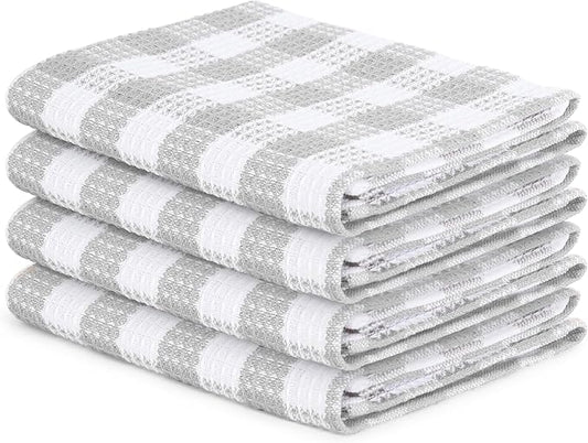 Blue Needles Waffle Weave Check Plaid Kitchen Towels, 15x25 Inches 100% Cotton Set of 4 Dish Towels for Kitchen, Soft & Absorbent for Quick Drying with Hanging Loop Spring Summer - Ash Grey & White