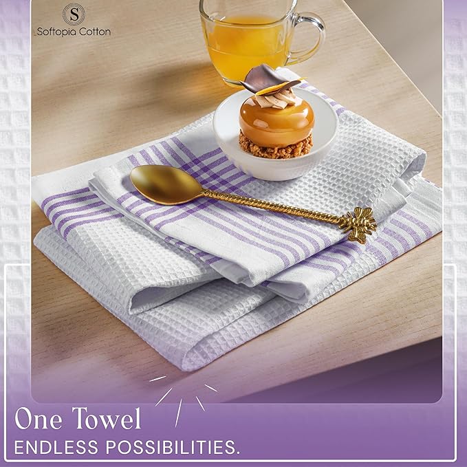 Waffle White & Lavender Kitchen Dish Towels 4 Pack, 100% Cotton, 16"x26", Thick Hand Towel for Drying Dishes, Quick Dry Washcloths, Perfect for Bar, Cooking, Serving, Cleaning