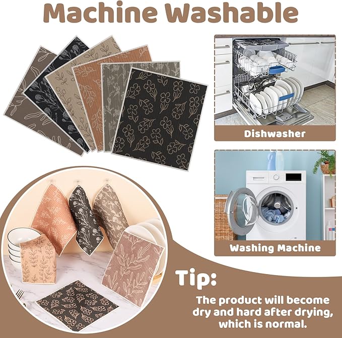 Needbrock 6 Pack Swedish Dishcloths for Kitchen,Swedish Rags Dish Towels with Clips, Reusable Paper Towels Washable Absorbent Cellulose Sponge Cloths No Odor for Cleaning Home Kitchen