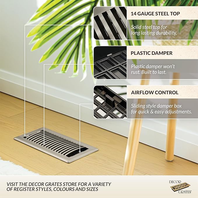 Decor Grates LAH412-NKL Louvered Floor Register, 4x12 Inches, Brushed Nickel