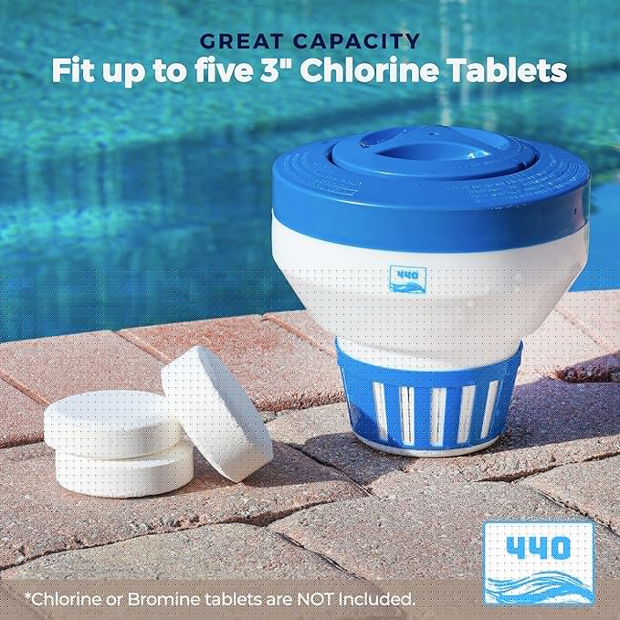 440 Pool Chlorine Floater Dispenser, Fits Up to 5 Pieces of 3-Inch Chlorine Tabs, Adjustable Flow, Control, Heavy-Duty Plastic - Suitable for Small & Large Pools - 9.6 Ounces