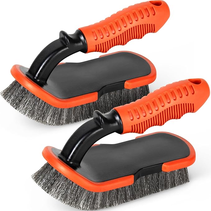 DecorRack 2 Pack Cleaning Brush, Heavy-Duty Scrub Brush with Ergonomic Handle for Floors, Tiles, Bathtubs, Grout, Decks, and Outdoor Surfaces (Orange, 2 Pack)
