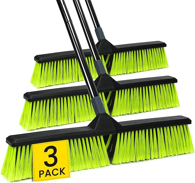 3 PK 24" Push Broom Outdoor, Heavy Duty Broom with 63" Long Handle, Shop Garage Broom with Stiff Bristle for Indoor Outdoor Floor Cleaning, Garden Patio Deck Warehouse Lawn Driveway Scrubbing