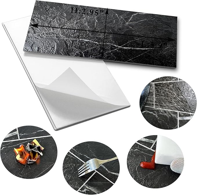 AULIGET 100 Piece Faux Stone Backsplash Peel and Stick PVC Tile, 3 Inch x 6 Inch Black Marble with White Grout Stick on Tiles for Backsplash Kitchen, Bathroom, Laundry Room, Camper, Fireplace