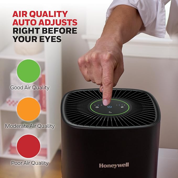 Honeywell AllergenPlus HEPA Air Purifier for Home, 530 Ft² Rooms in 1 hour, 3-in-1 Filter, Compact Design, Auto Mode, Reduces Allergens, Dust, Pollen, Smoke, Pet Dander, Odors, Black, HPA125B