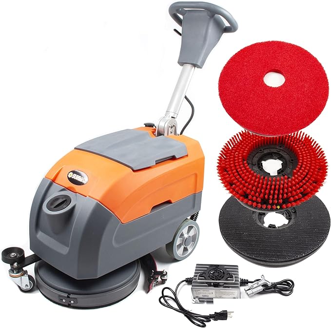SUNMAX RT35 Walk-Behind Floor Scrubber Polisher Machine, 17" Rotary Disc Brush and Red Sourcing Pad, 22" Squeegee Width, 9.2-gal Tank, 19000 sqft/h, Anti-Collision Wheel