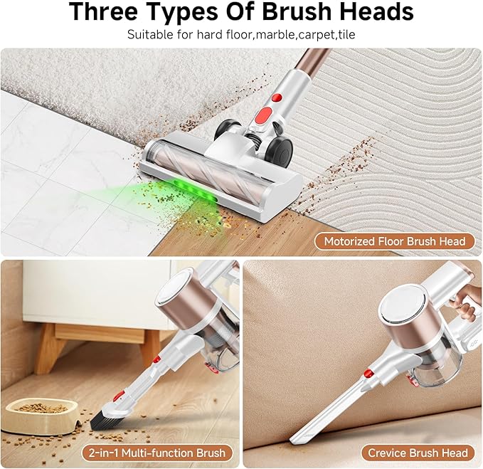 Cordless Vacuum Cleaner, 500W/40Kpa Vacuum Cleaners for Home, Stick Vacuum Cordless with LED Display, Anti-Tangle & Wall Mount, 8 in 1 Lightweight Vacuum for Hard Floors Pet Hair(Gold)