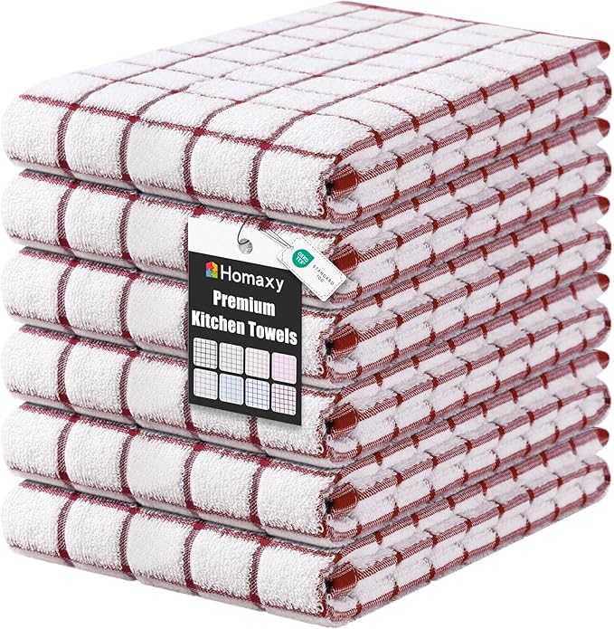Homaxy Premium Kitchen Towels(16”x 28”, 6 Pack), Large Ring Spun Cotton Dish Towels, Super Absorbent Soft Terry Kitchen Hand Towels, Check Design Tea Towel Set with Hanging Loop, Red