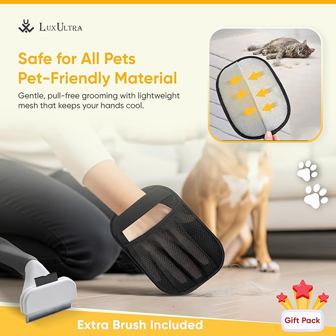 LuxUltra 2 Pet Hair Removal Glove Upgraded 5 Finger, Cat Hair Remover for Couch, Reusable Dog Hair Remover Electrostatic Magic Brush, Pet Hair Remover Glove for Laundry, Furniture, Carpet, Car Seat