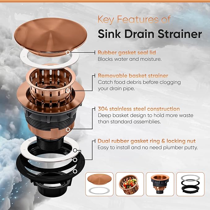 Strictly Sinks Sink Drain Strainer with Removable Basket - 3-1/2 Inch Stainless Steel Round Kitchen Sink Drain Assembly Kit with Deep Strainer Basket & Flat Cover Lid (Copper)