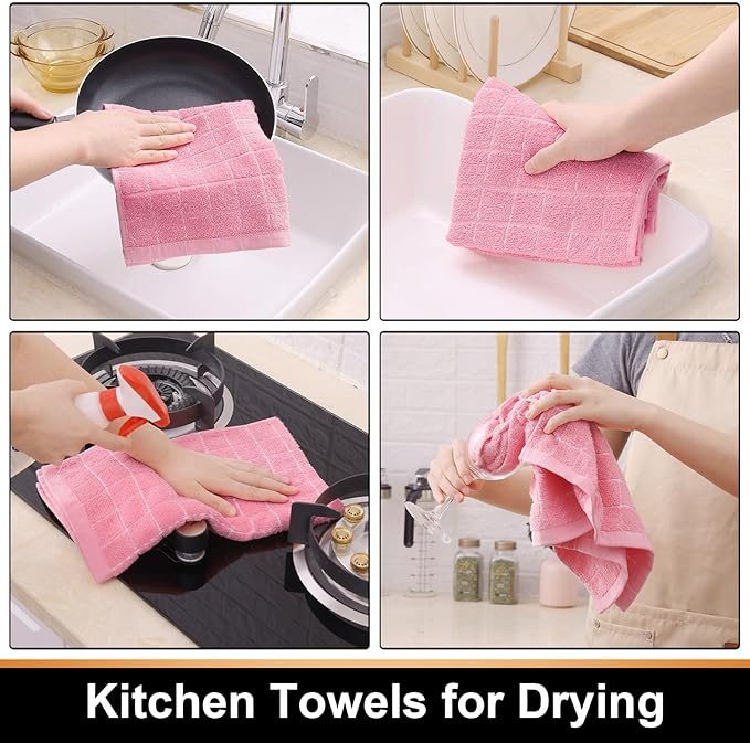 Mordimy 100% Cotton Terry Cloth Kitchen Towels, Super Soft and Absorbent Dish Towels for Drying, Checkered Designed Hand Towels for Kitchen, 16 x 26 Inches, 8 Pack, Pink