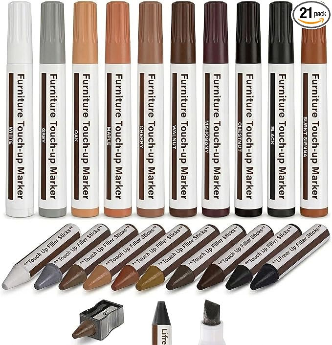 Lifreer Furniture Markers Touch Up Kit, 21 Pcs Wood Scratch Repair Kit with 10 Color Touch Up Pens, Wax Filler Sticks & Sharpener for Wood Floors, Cabinets, Tables, Desks & Bedposts