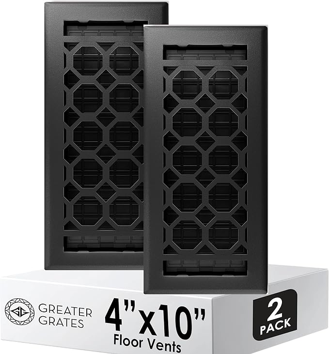Floor Register 4x10 Vent Cover – 2 Pack – Heavy-Duty Steel, Rustproof & Walkable Grates, Drop-in Install, Adjustable Air Supply Switch - Decorative Honeycomb Design, Textured Black