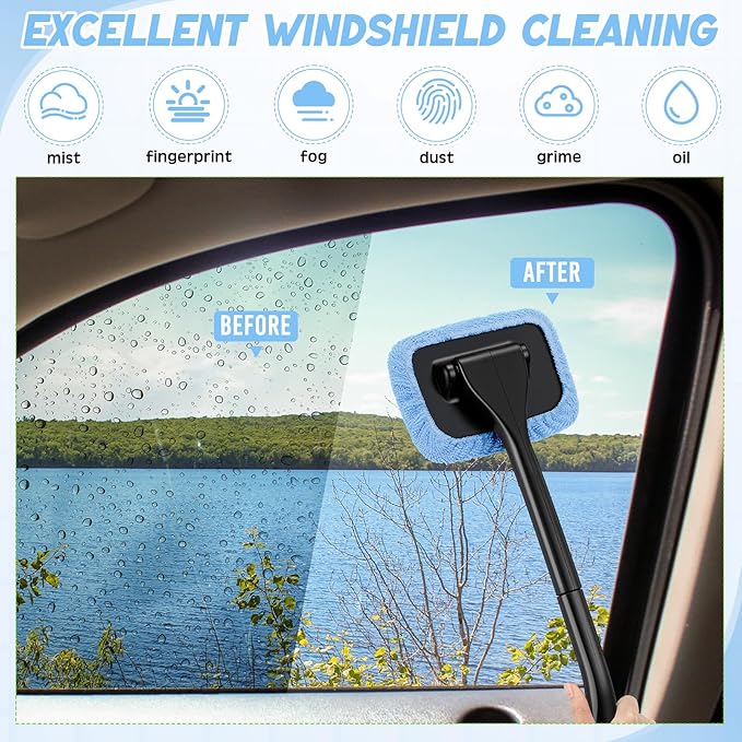 8 Pcs Car Windshield Cleaner Tool Kit with Removable Handle, Microfiber Towel Pads, Brush, Empty Spray Bottle for Auto Glass Wiper Suvs Rvs & Home Windows(Light Blue)