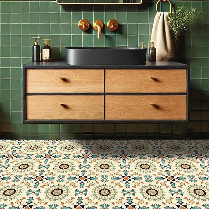 10PCS 12x12 Inch Moroccan Mosaic Peel and Stick Floor Tiles Removable Self Adhesive Vinyl Flooring Stickers for Bathroom Entryway Kitchen Home Decor