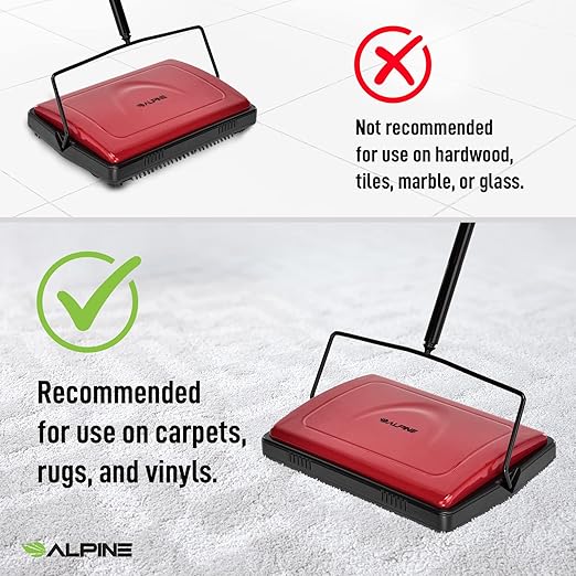 Alpine Manual Carpet Sweeper Triple Brush – Non Electric Multi-Surface Floor Cleaner Easy Sweeping for Carpeted Floors (Red -Updated)