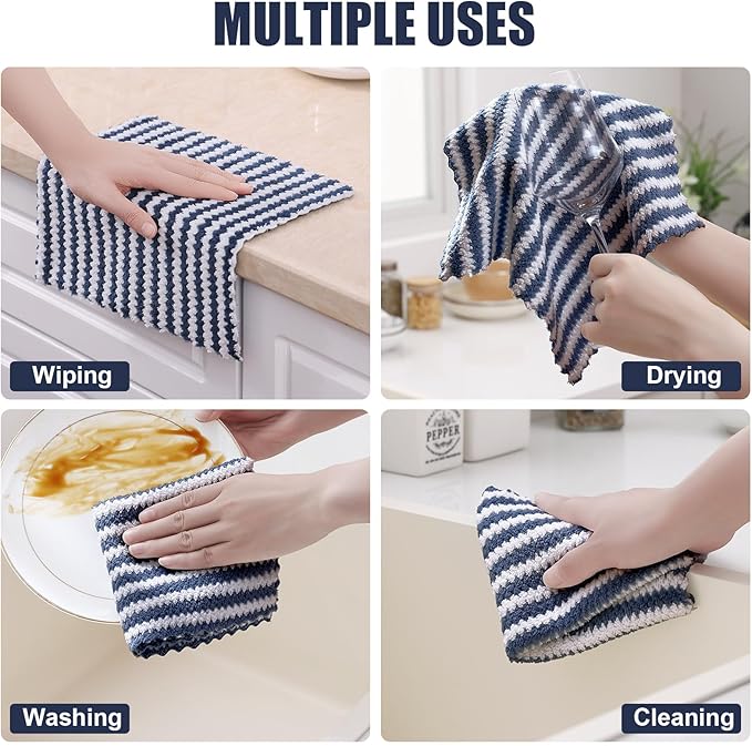 Homaxy 12 Pack Kitchen Dish Cloths, Ultra Soft and Absorbent Dish Towels, Reusable Fast Drying Microfiber Cleaning Cloth, Coral Velvet Wave Design No-lint, 10 x 10 inches, Dark Grey/Navy Blue/Beige